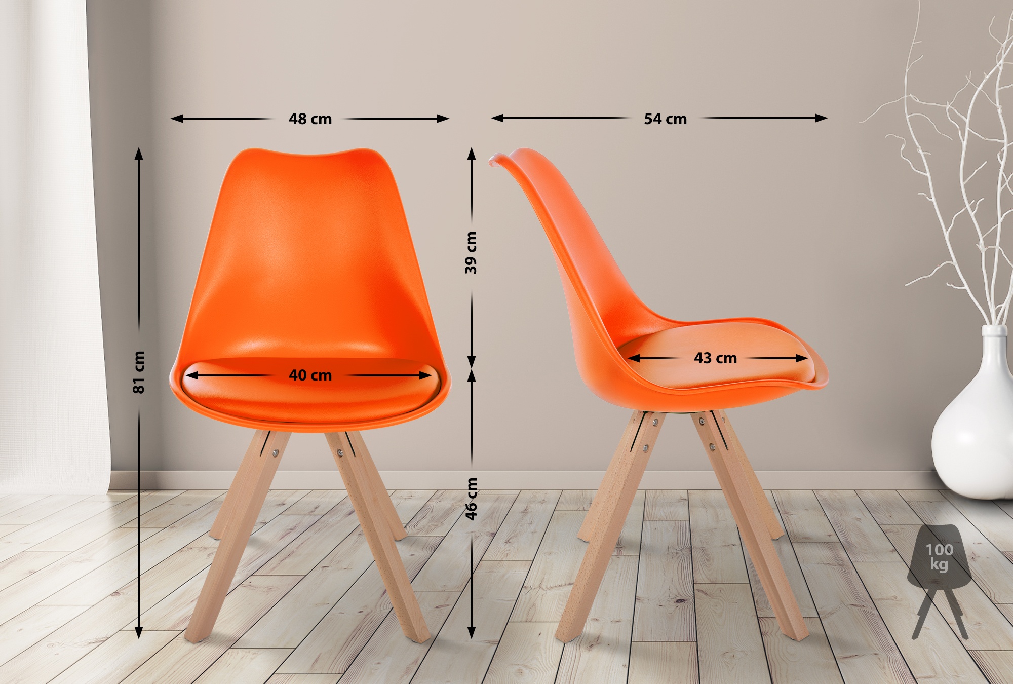 Silla de salón Sofía en polipiel y plástico Naranja Natural (cuadrado)