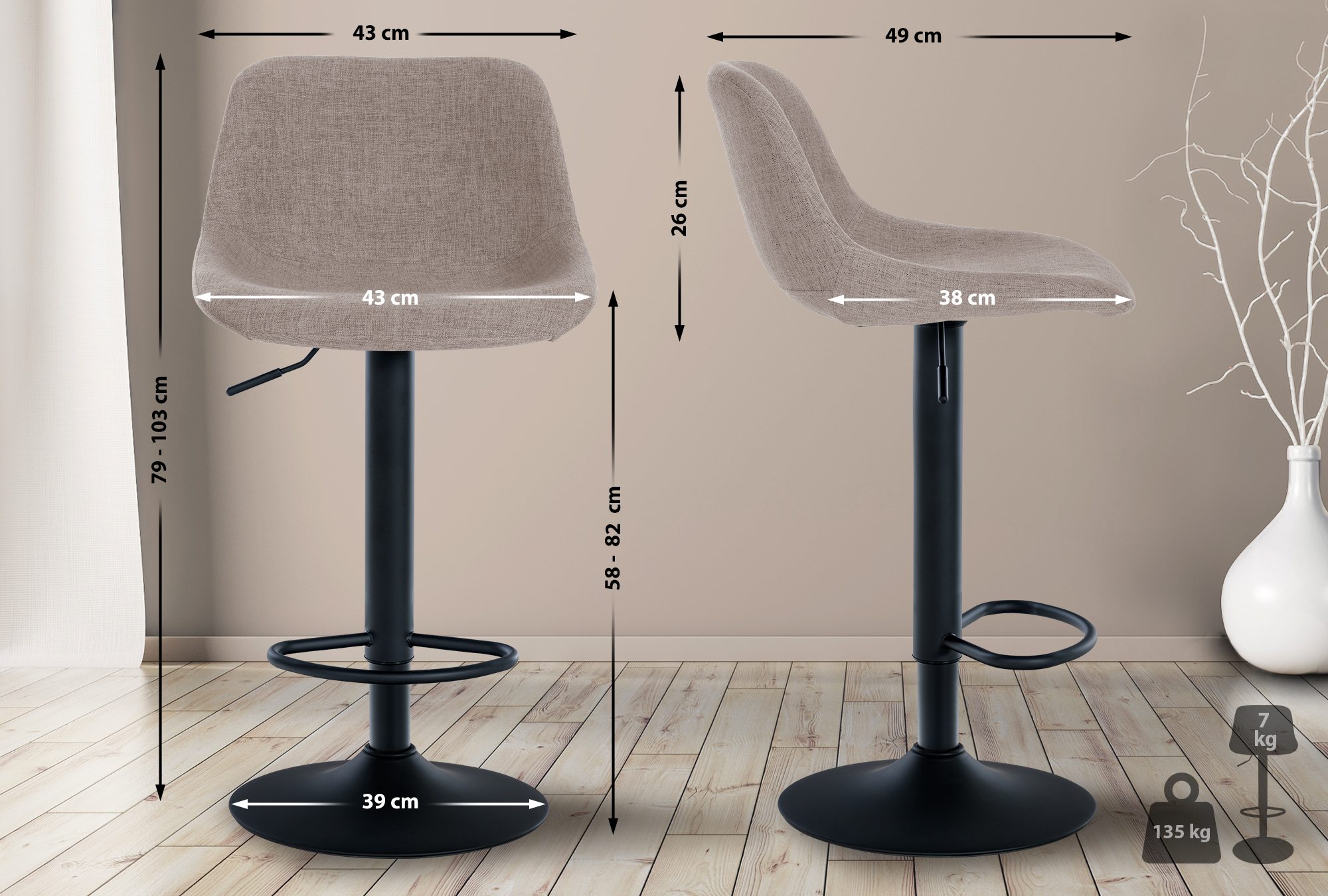 Set de 2 Taburetes de bar Loft Gris topo Tela